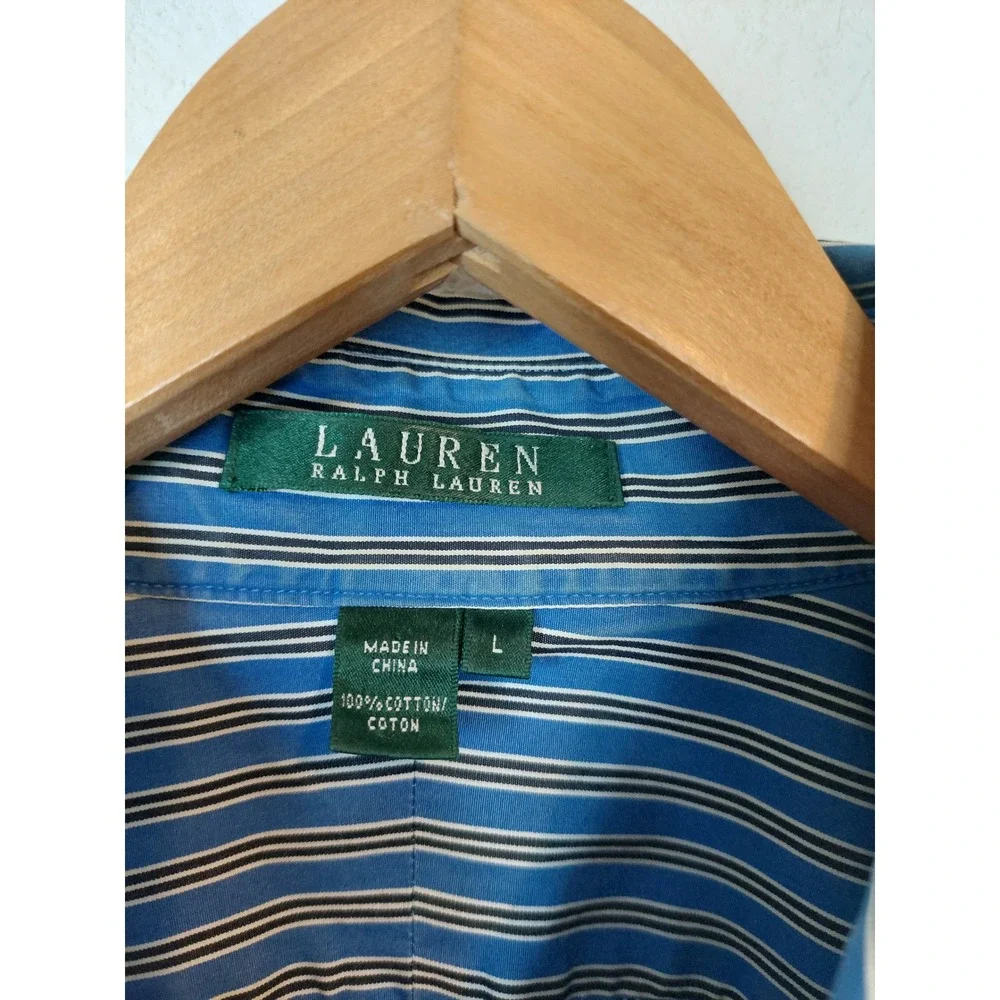 Lauren Ralph Lauren Women's Blue Striped Cotton Button Down Shirt Size Large